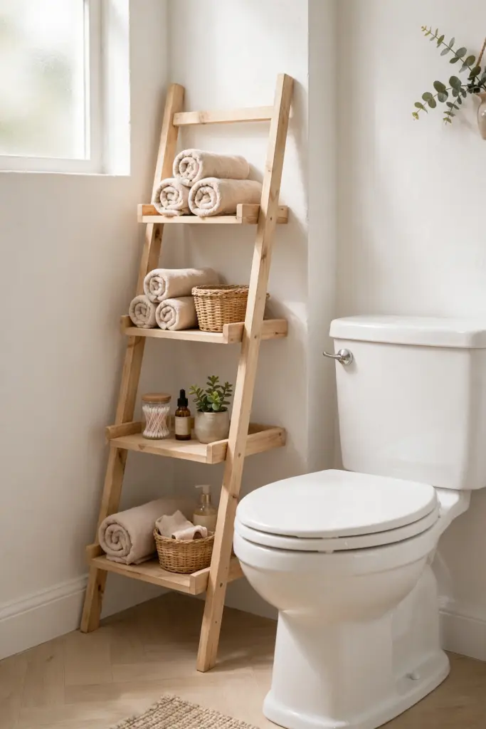 Wooden ladder shelf with rolled towels and baskets beside a toilet in a small bathroom