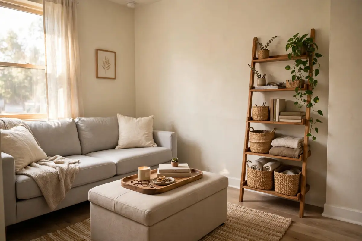 Small rental living room with storage ottoman coffee table and ladder shelf with baskets