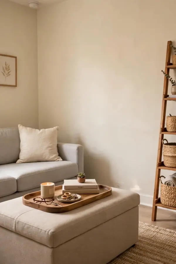 Small rental living room with storage ottoman coffee table and ladder shelf with baskets