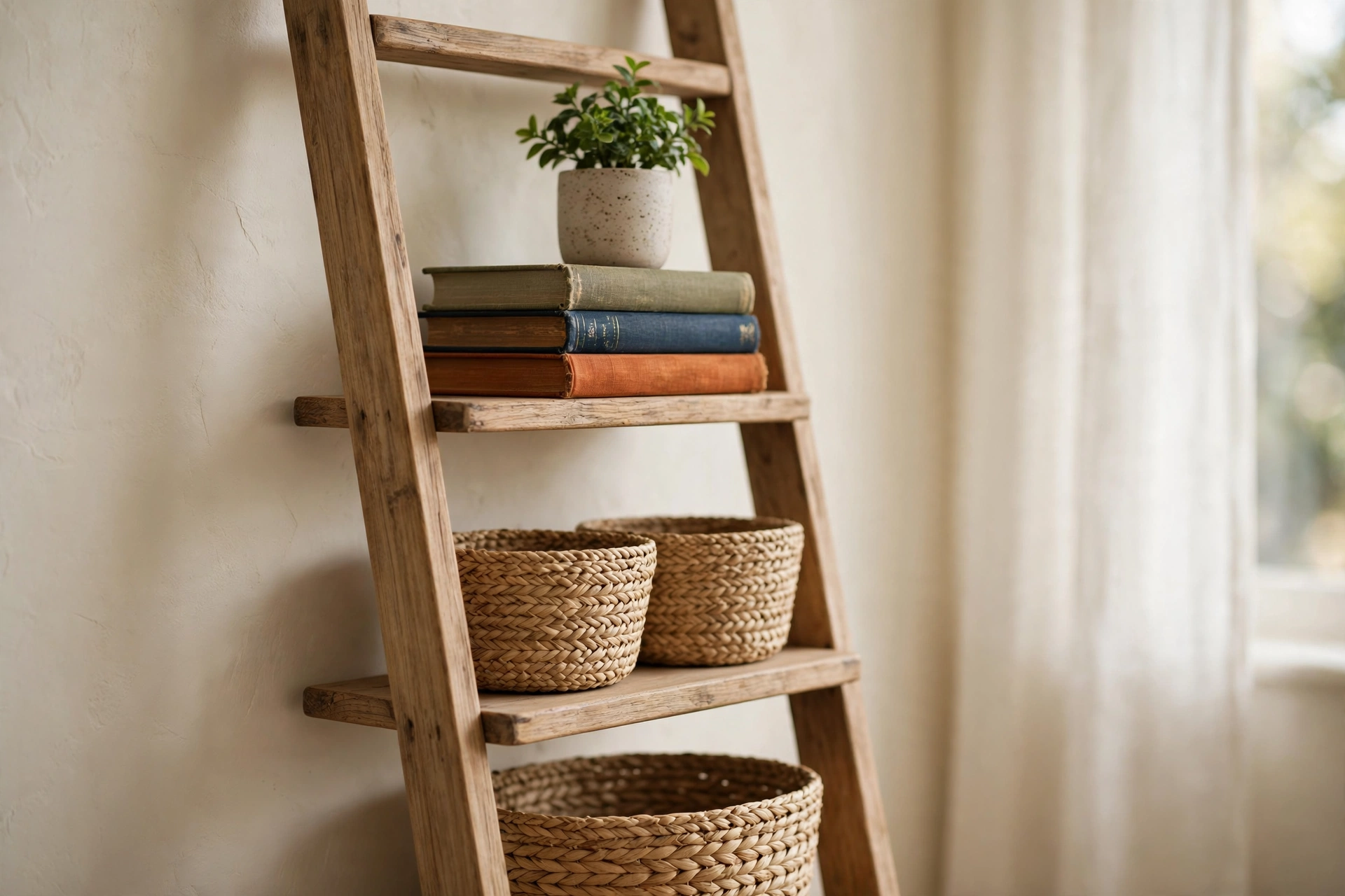Wooden ladder shelf styled with woven baskets and books