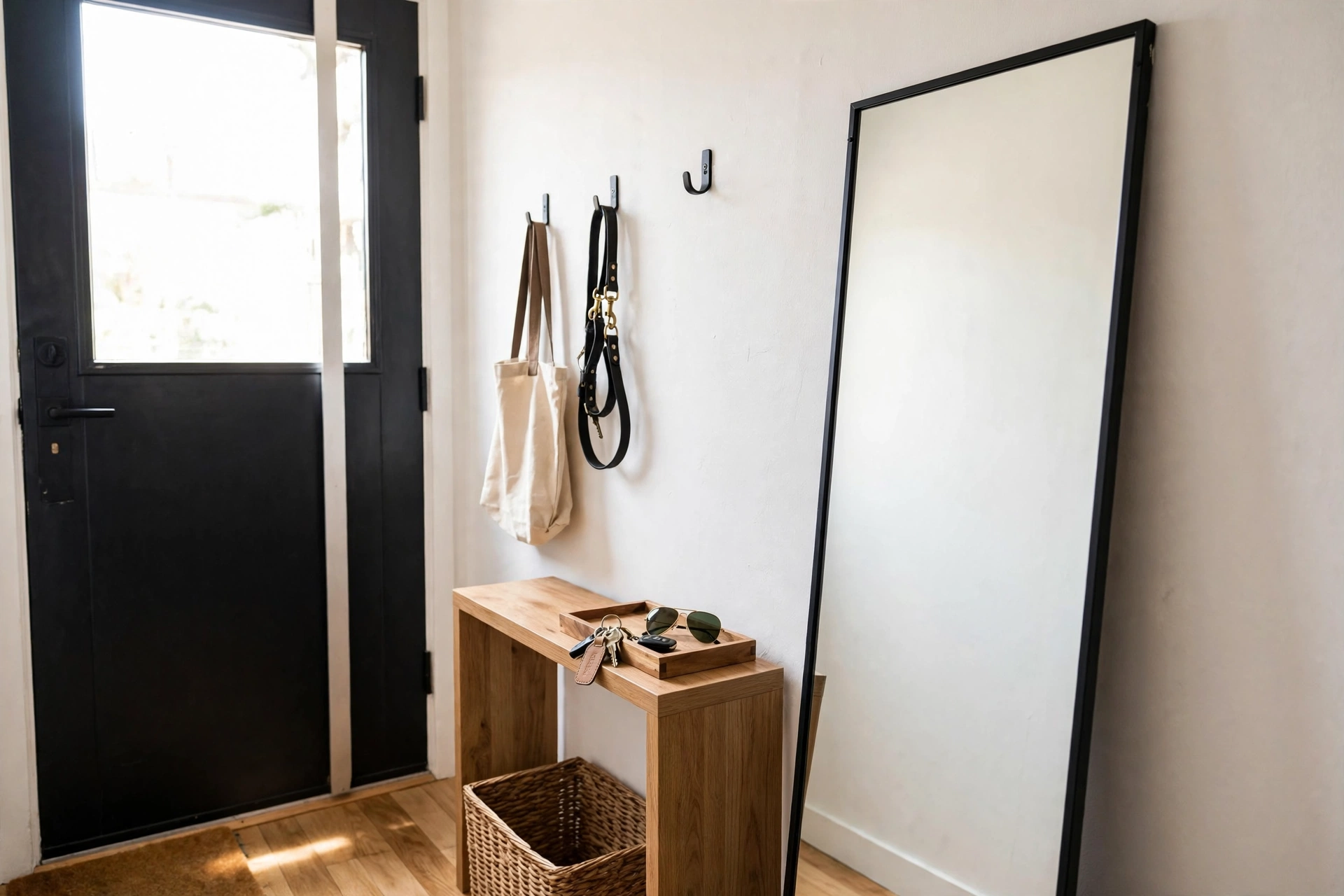 Apartment entryway landing zone with mirror, key tray and shoe bench