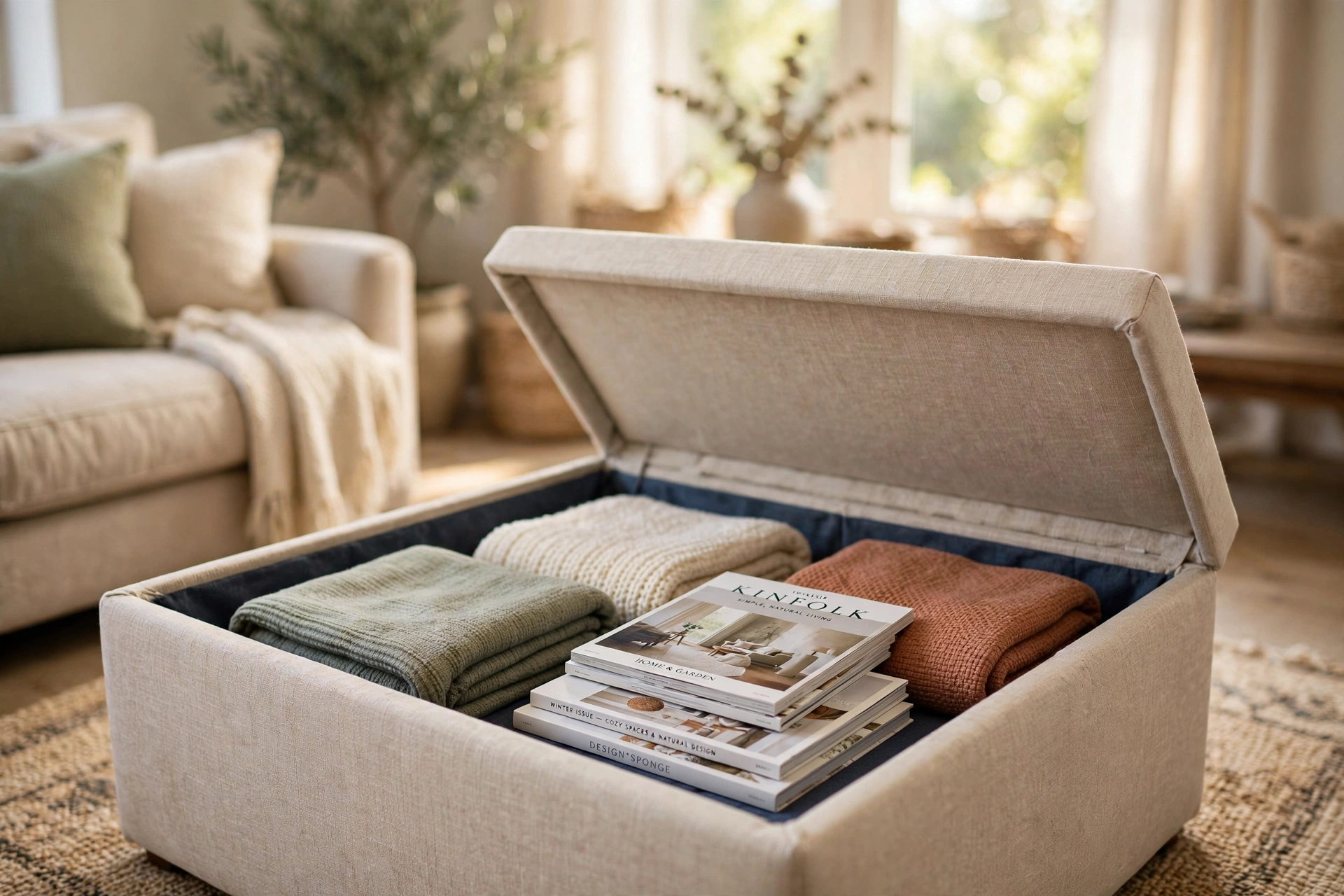 Open storage ottoman with folded blankets and magazines inside