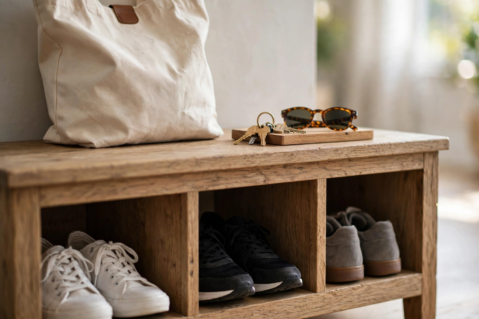Entryway storage bench with sneakers in cubbies