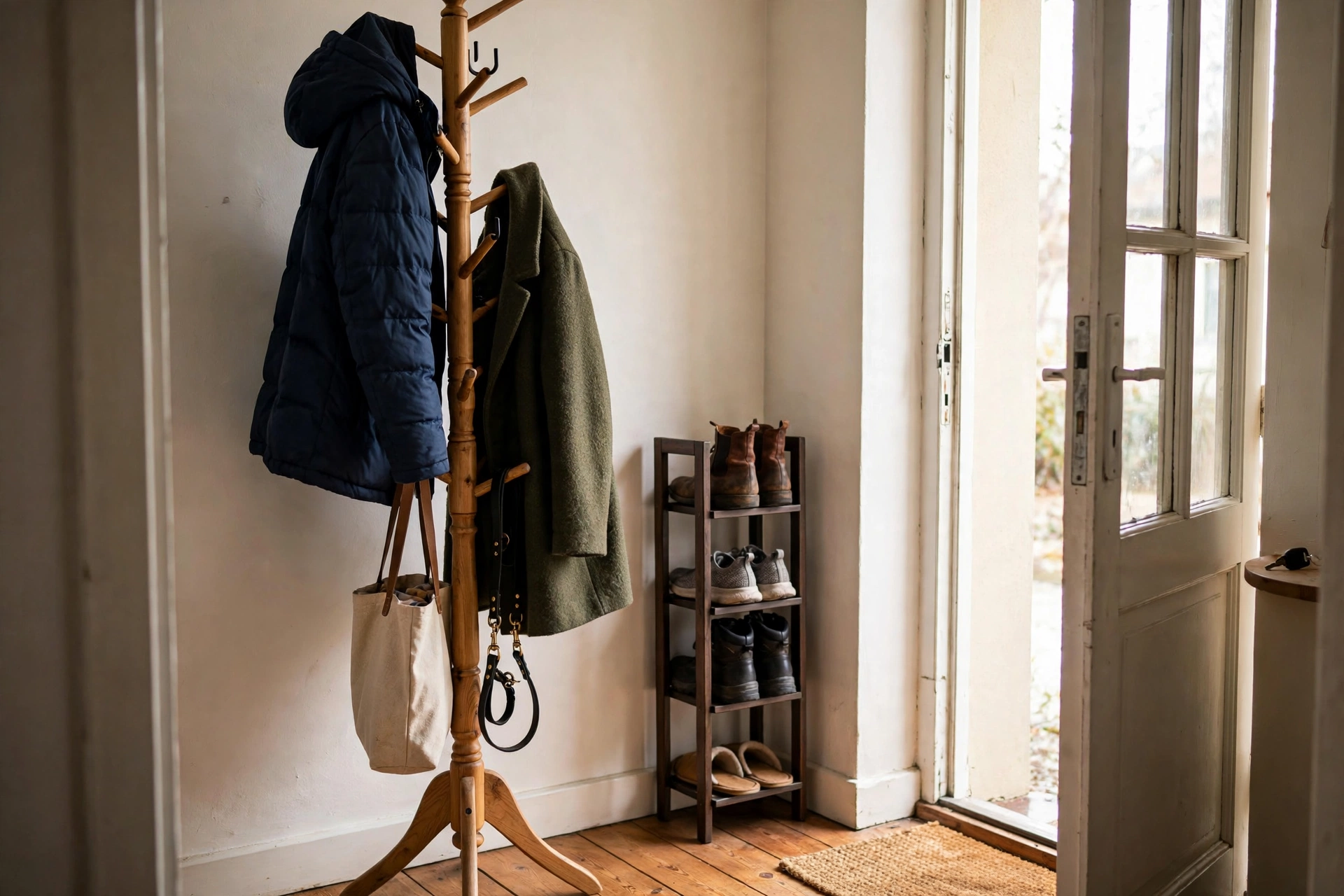 Freestanding coat rack with jackets in apartment entryway