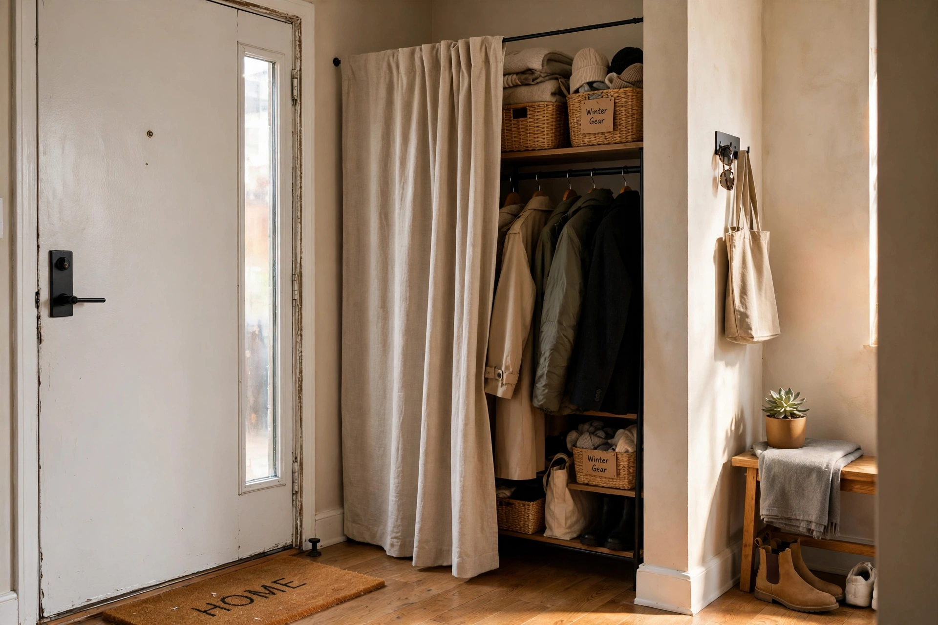 Curtain on tension rod hiding storage nook by front door