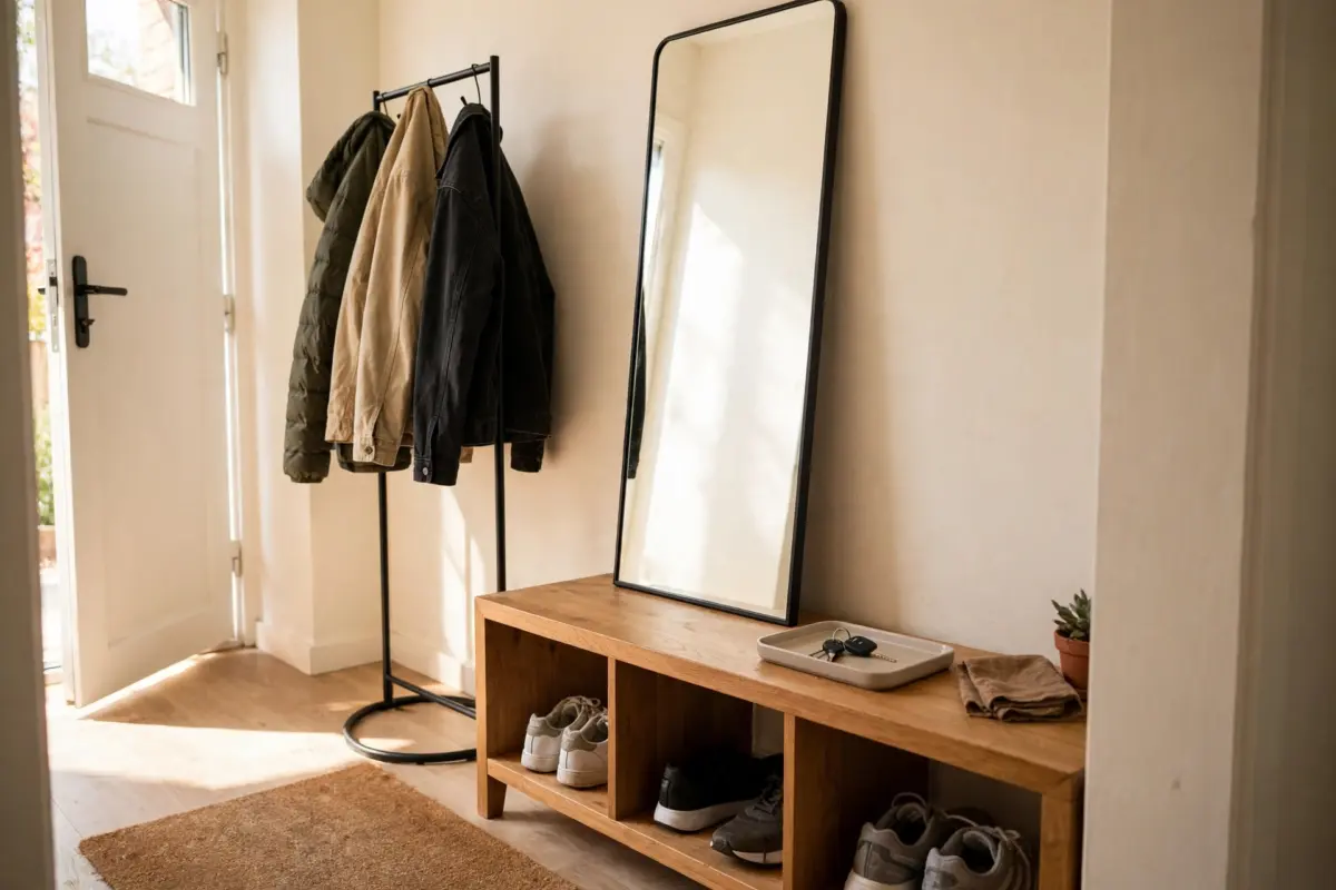 Small apartment entryway with coat rack, storage bench and leaning mirror