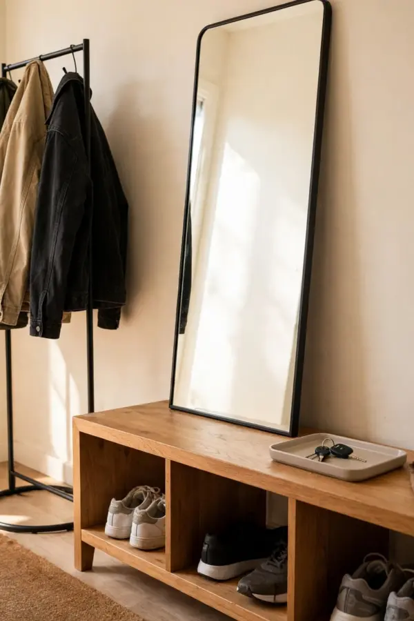 Small apartment entryway with coat rack, storage bench and leaning mirror