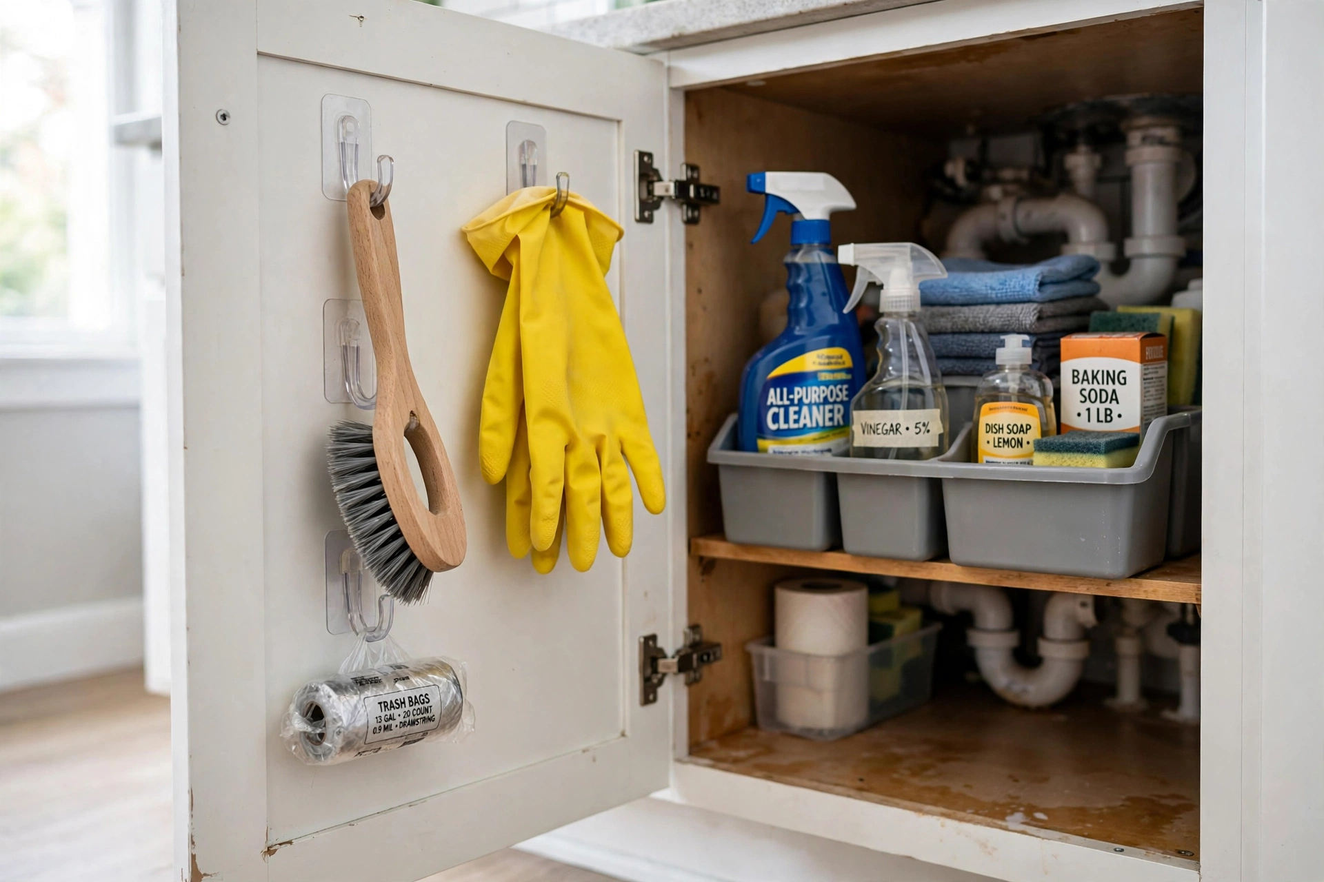 Inside of cabinet door with adhesive hooks holding gloves and brush