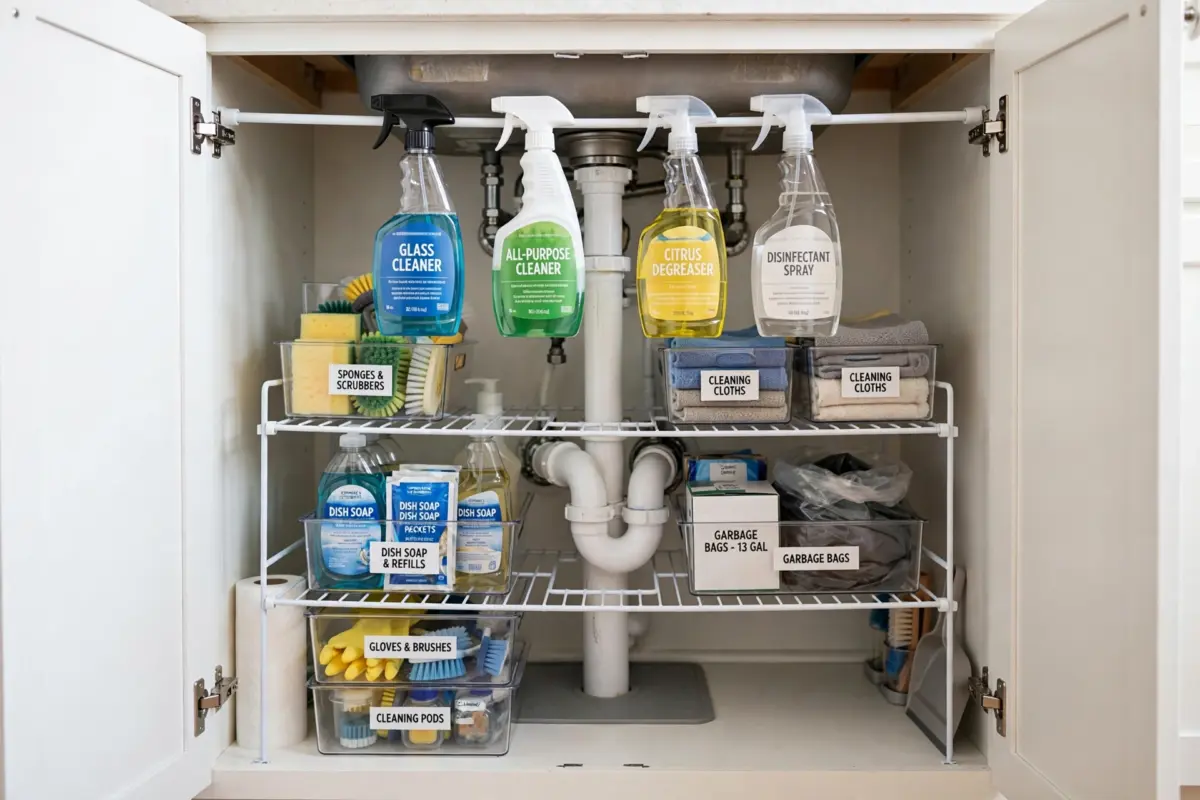 Organized under kitchen sink cabinet with tension rod and labeled bins