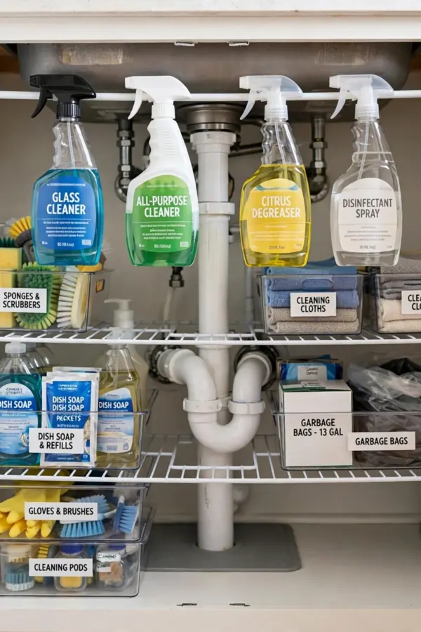 Organized under kitchen sink cabinet with tension rod and labeled bins