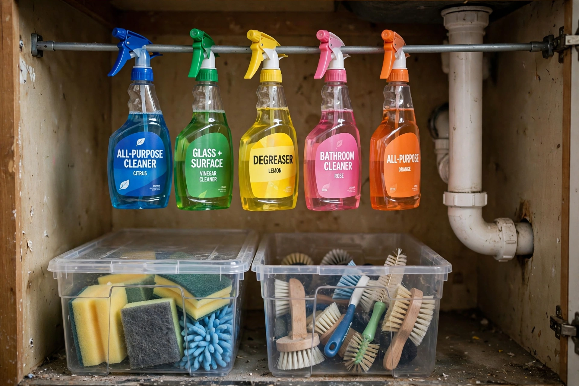 Spray bottles hanging from tension rod under sink