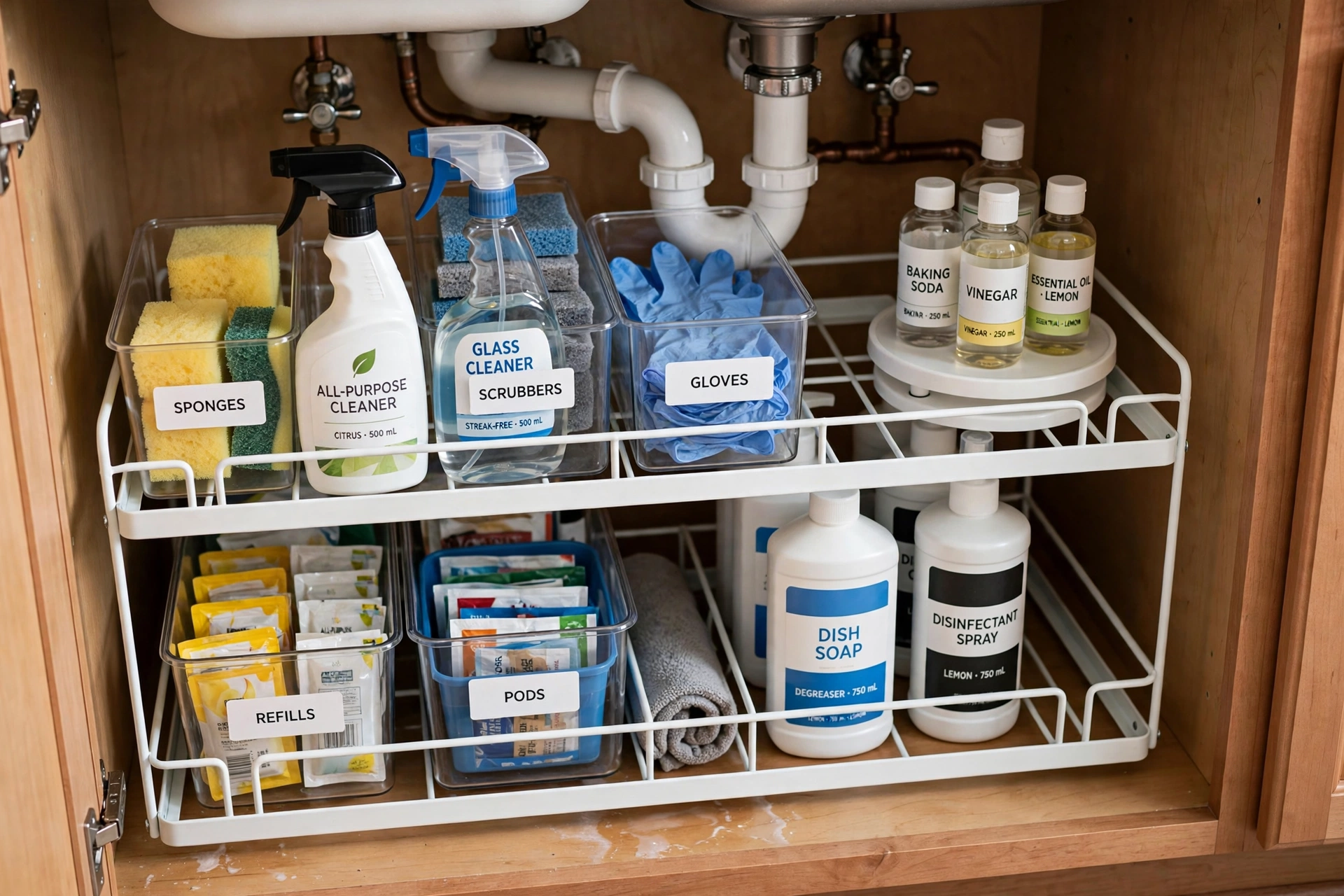 Two-tier under-sink organizer around plumbing pipes