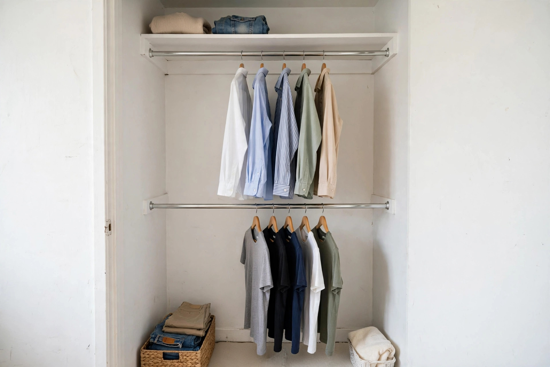 Small reach-in closet with a second lower hanging rod creating double-hang storage with shirts on both levels