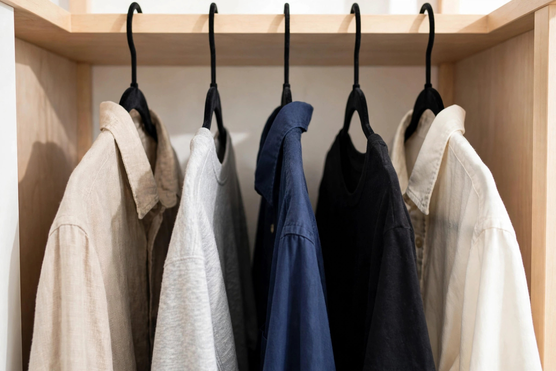 Row of clothes on slim black velvet hangers, evenly spaced and non-slip