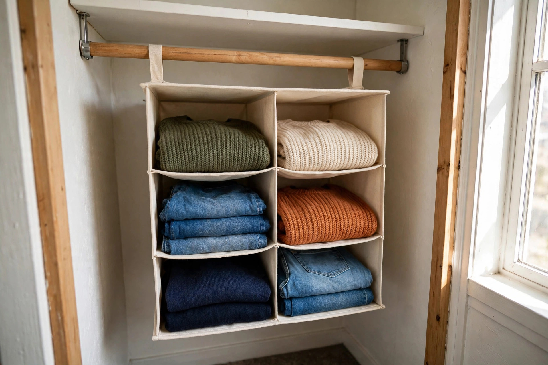 Beige fabric hanging shelf organizer on a closet rod with folded sweaters and jeans