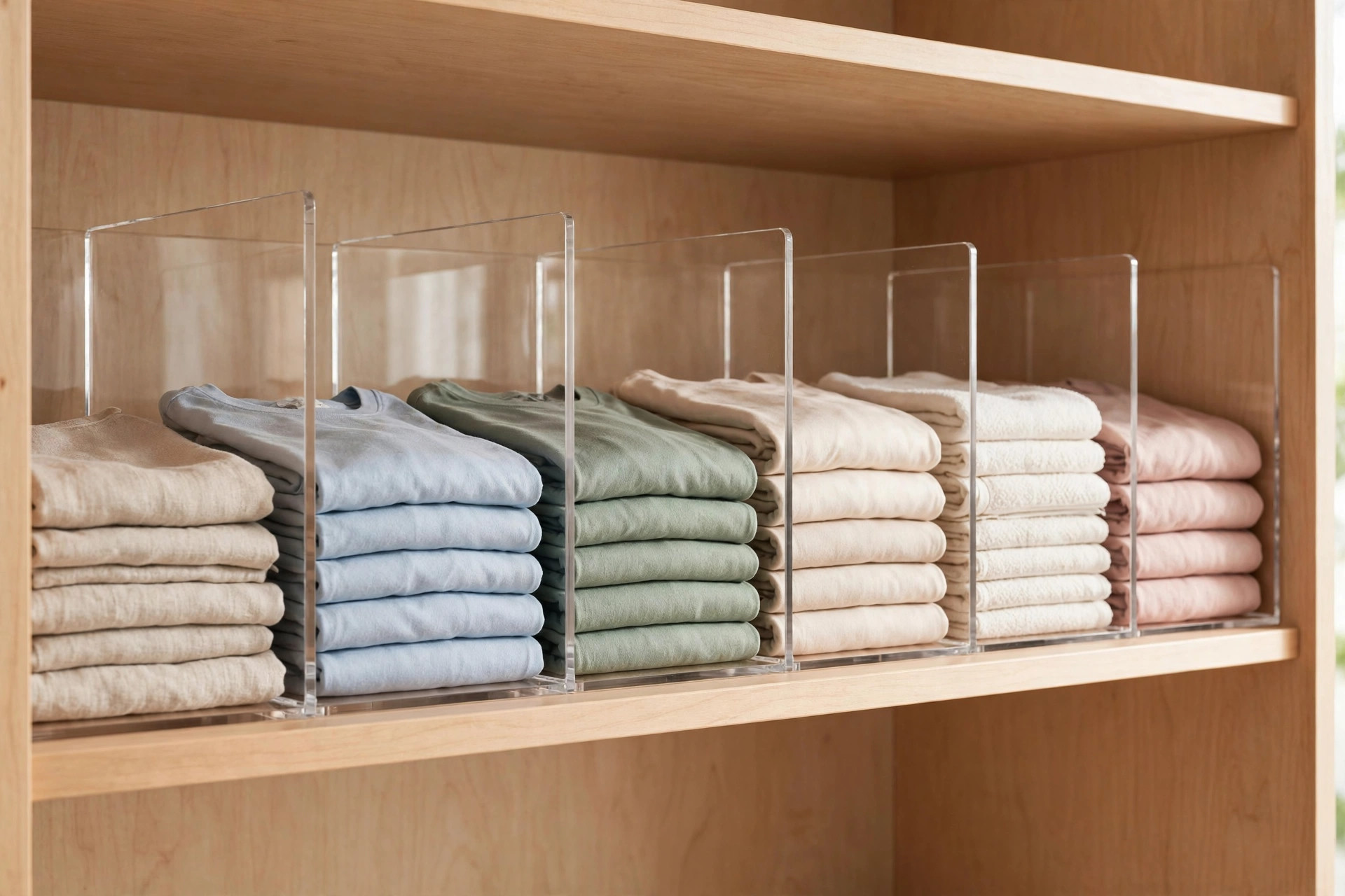 Clear acrylic shelf dividers on a closet shelf holding stacks of folded t-shirts