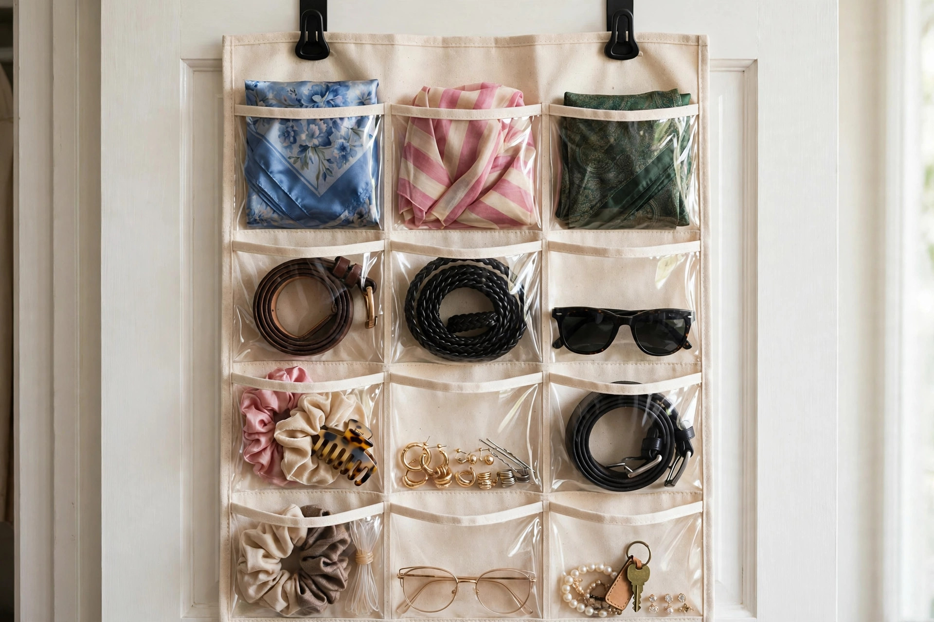Fabric over-the-door pocket organizer holding scarves, belts and sunglasses