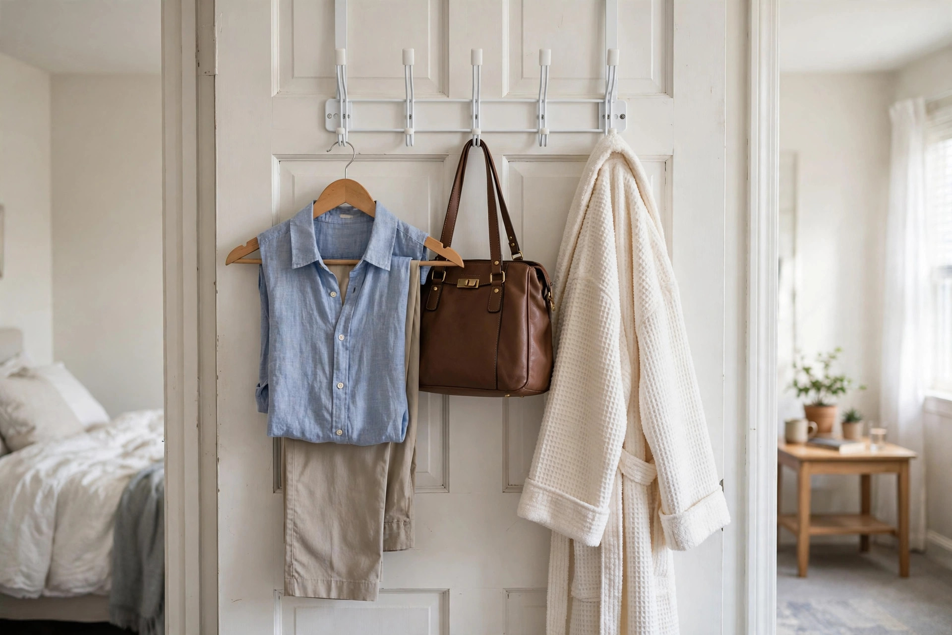Over-the-door hook rack holding an outfit, handbag and bathrobe