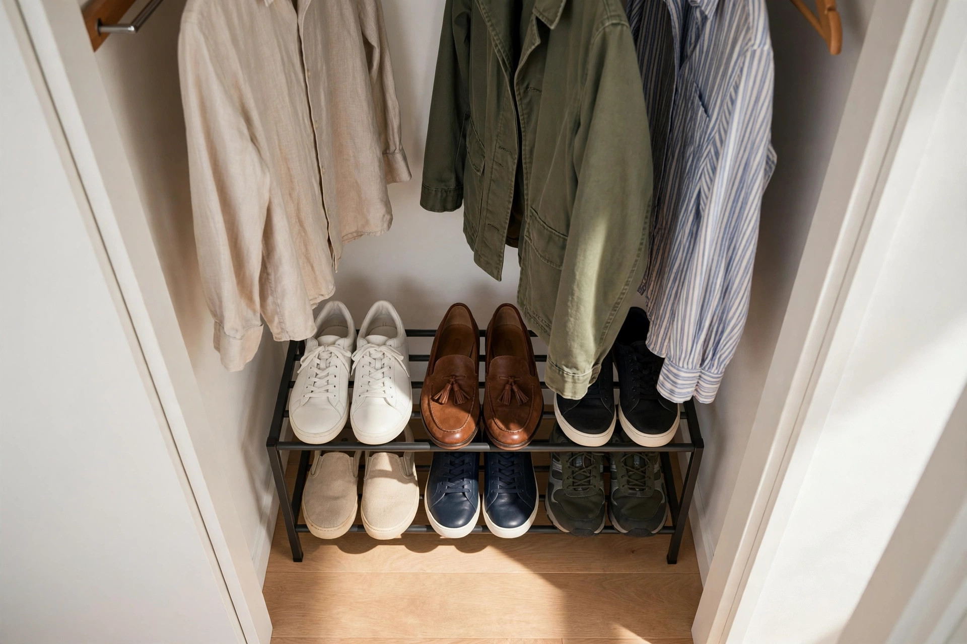 Slim two-tier shoe rack with neatly arranged shoes under hanging clothes
