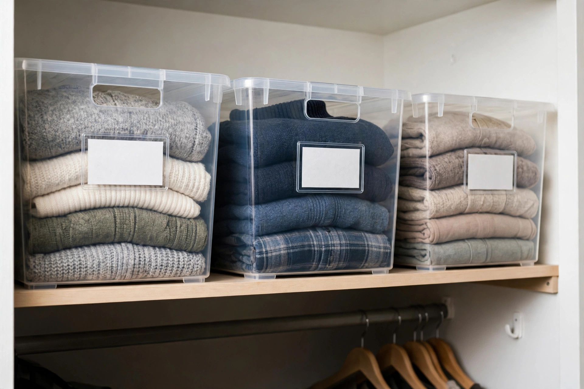Clear labeled storage bins with folded off-season clothes on a closet top shelf