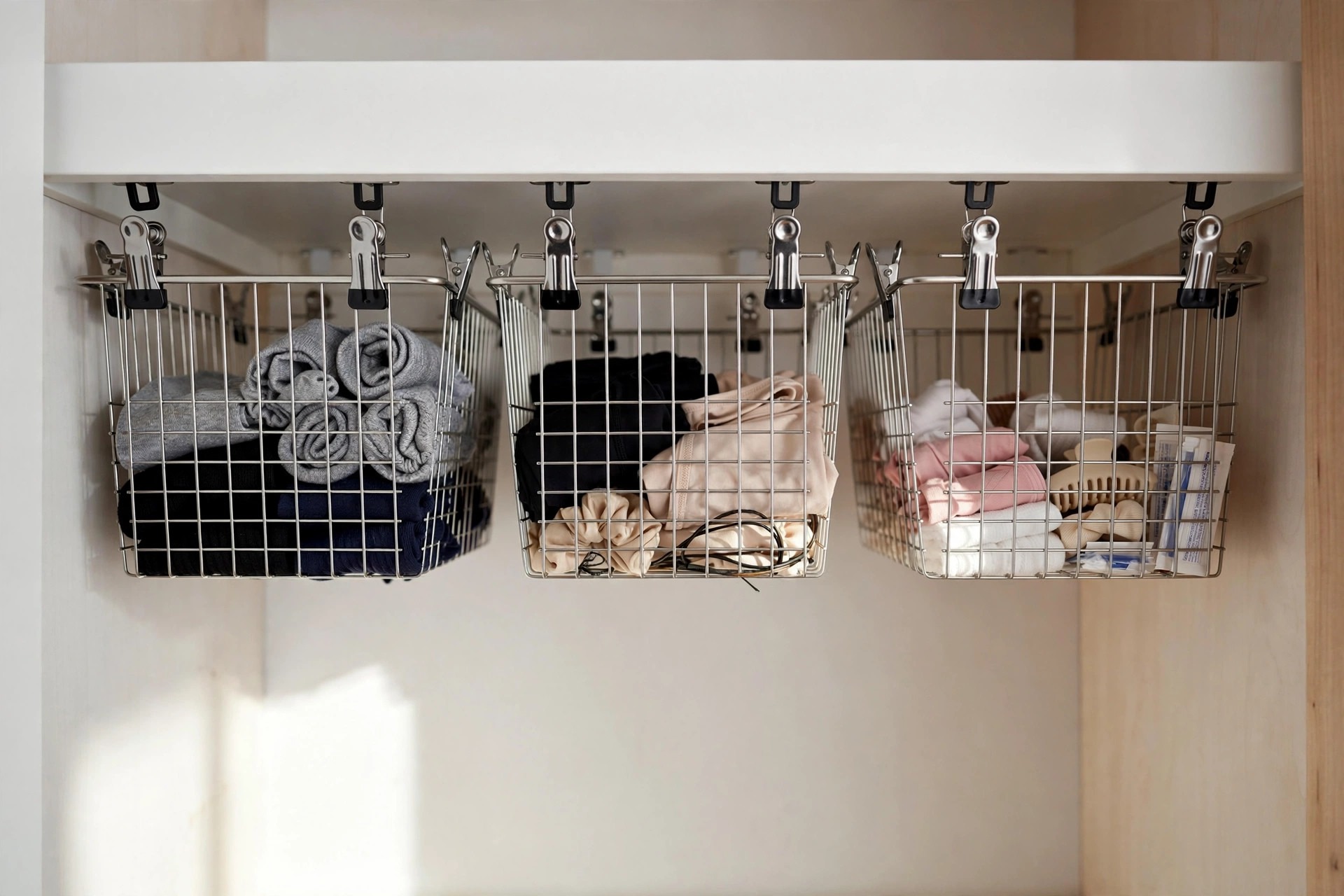 Wire under-shelf hanging baskets clipped beneath a closet shelf holding socks and small items