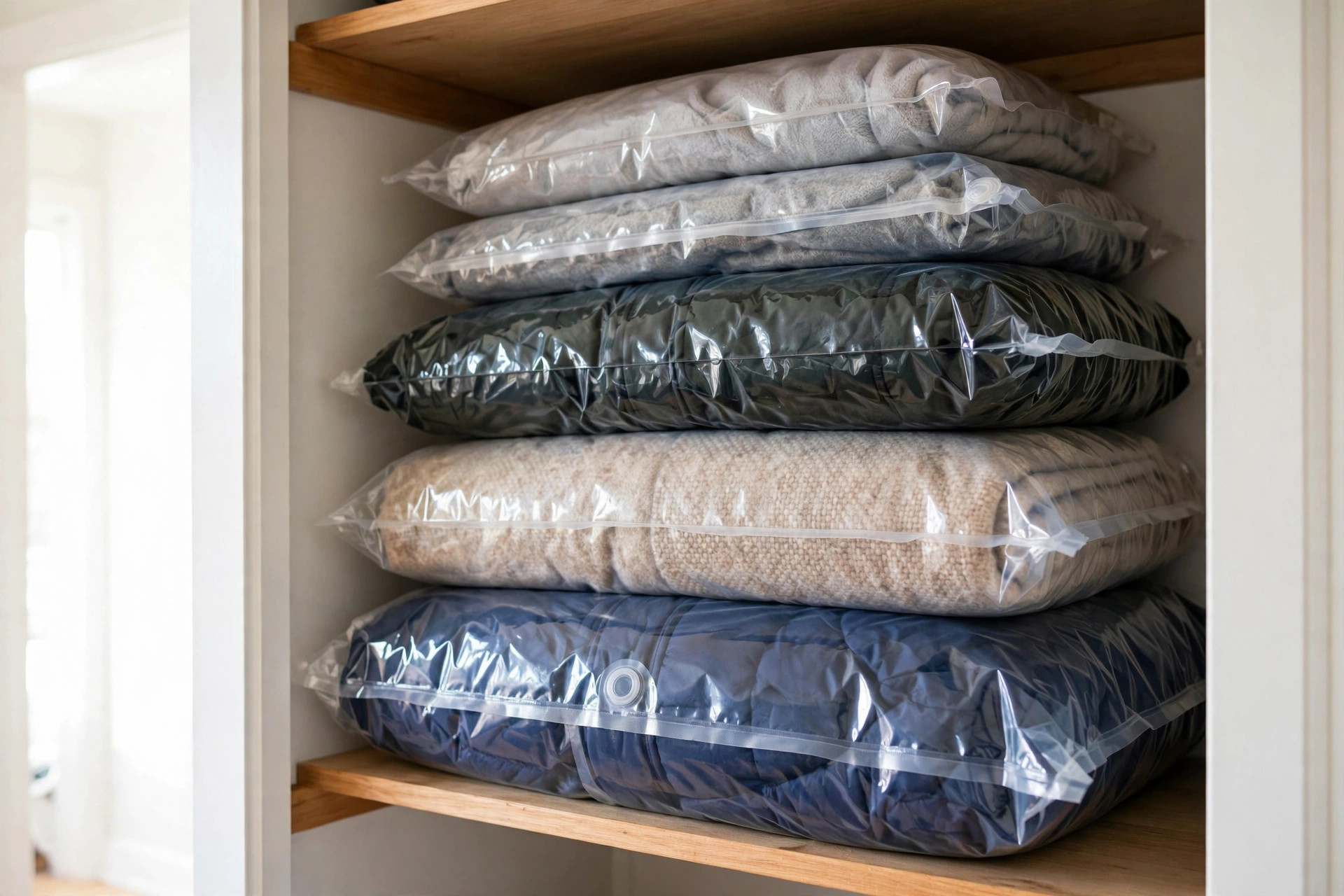 Compressed vacuum-seal bags with winter coats stacked on a closet shelf