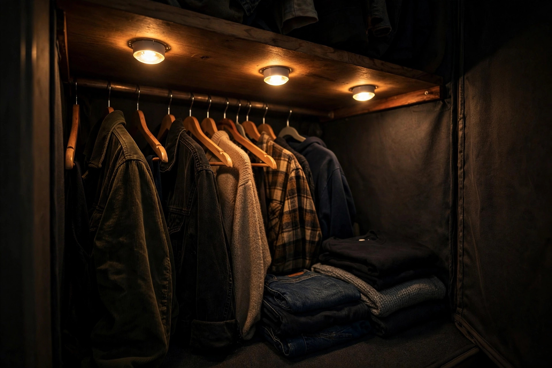 Small closet lit by warm battery LED puck lights under the shelf
