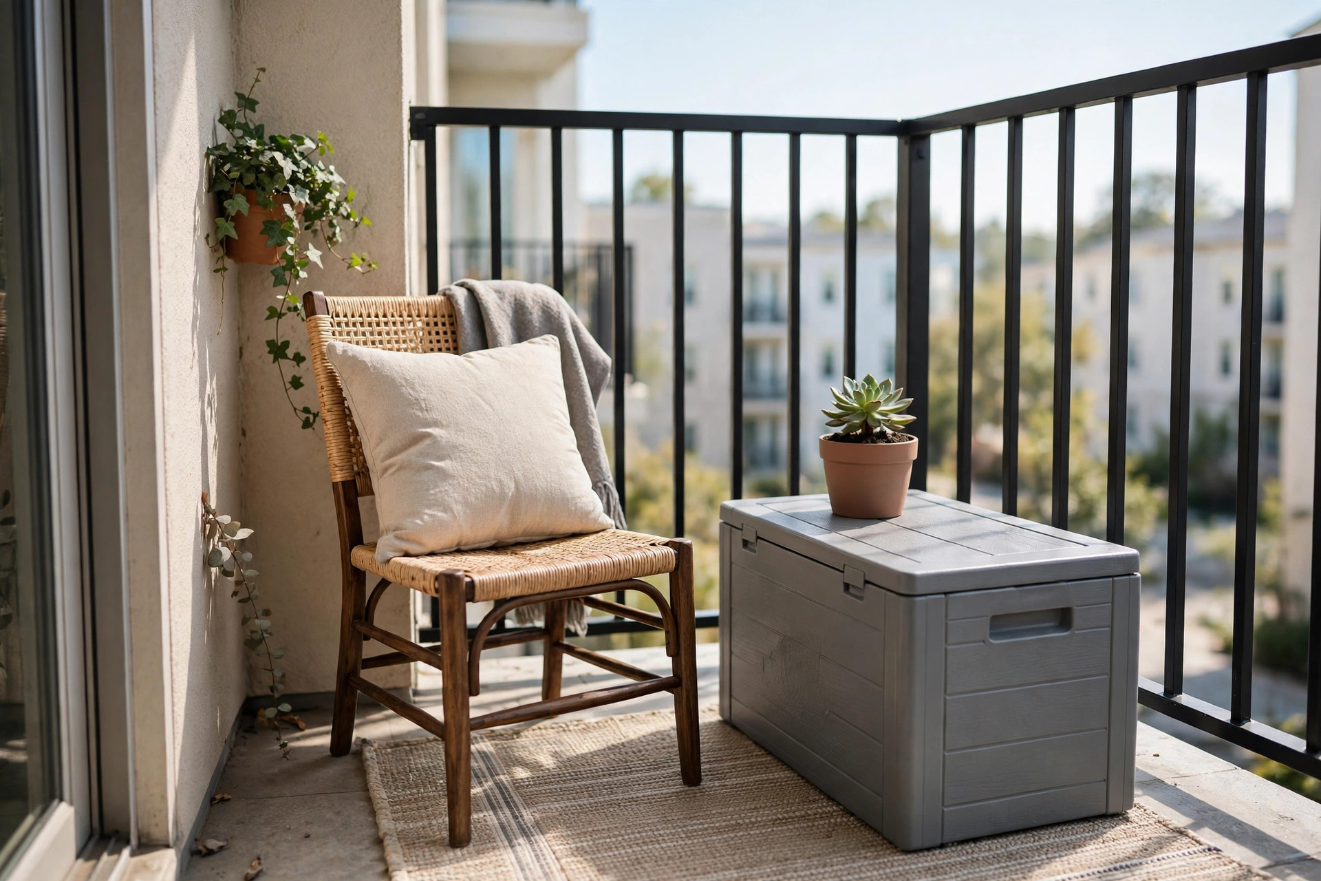 Slim gray deck storage box used as a side table on a tiny balcony