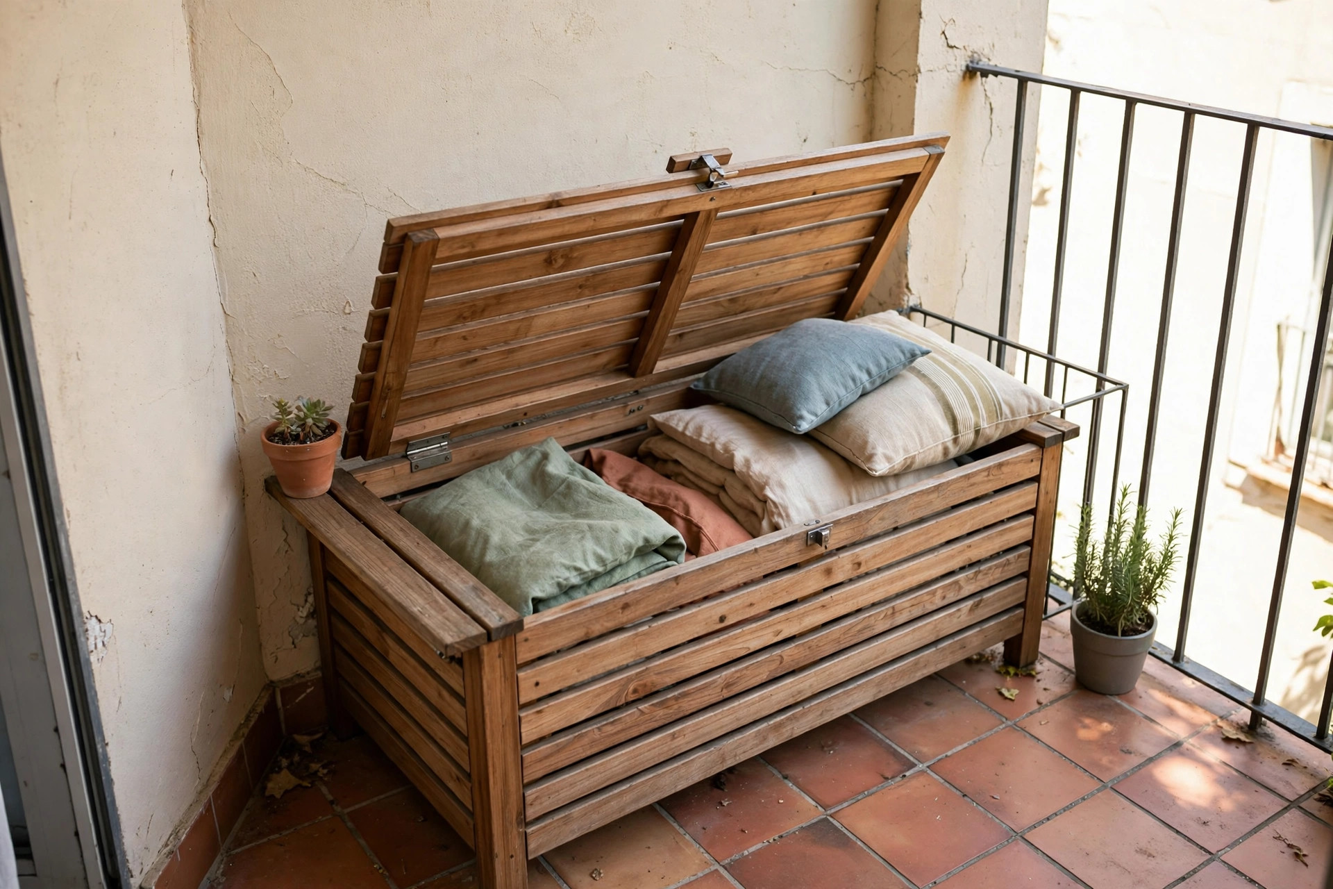 Wooden outdoor storage bench with cushions on a small balcony