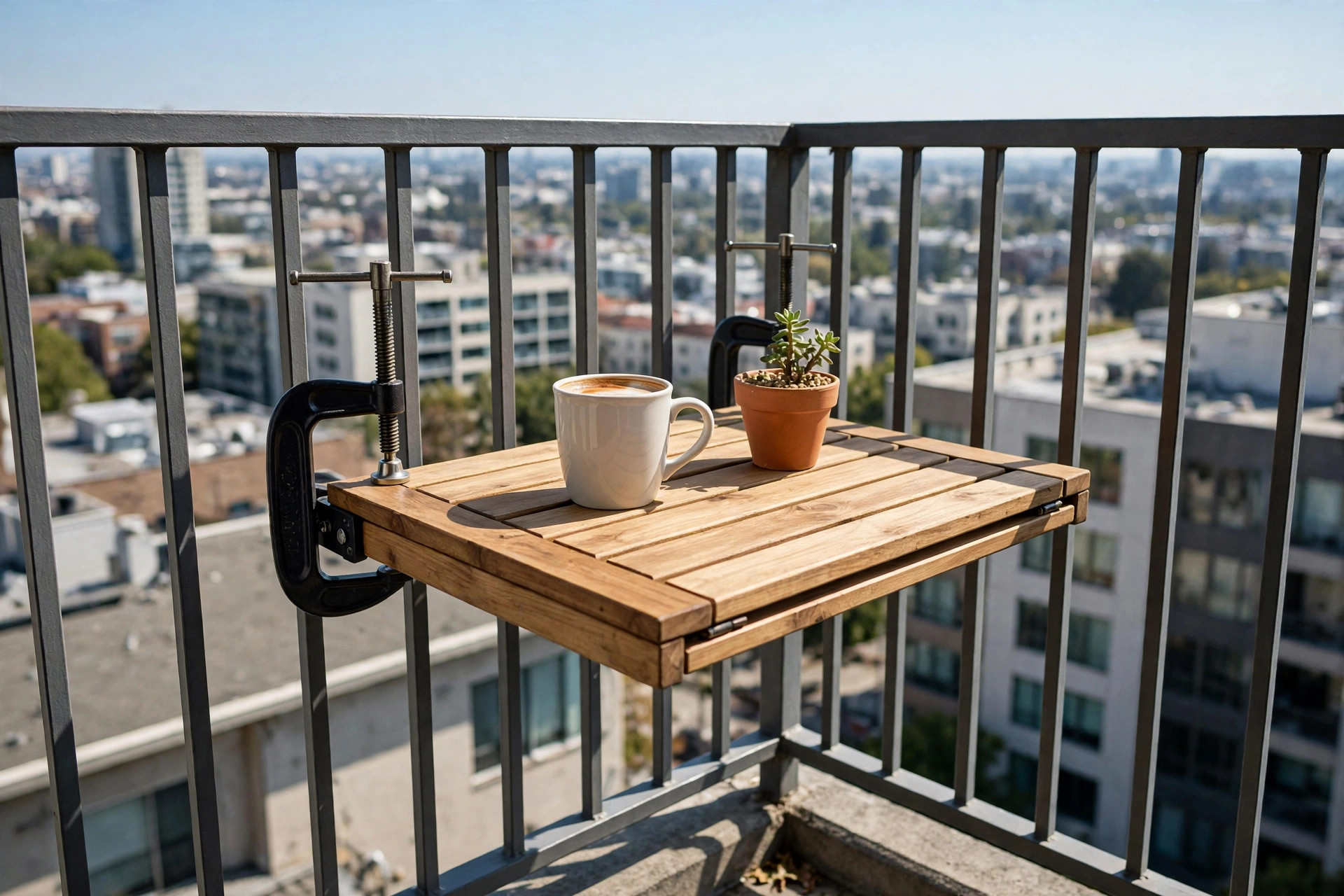 Clamp-on fold-down rail table with coffee mug and plant, no drilling