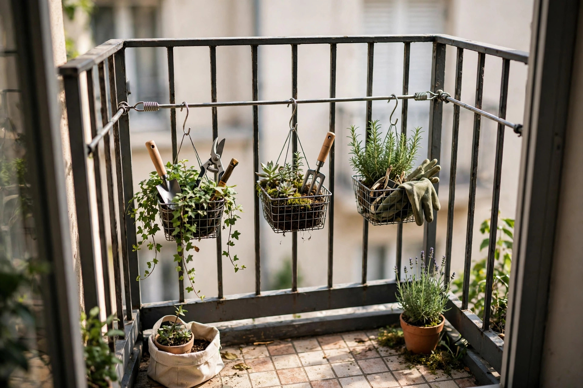 Tension rod between railing uprights with hanging baskets of plants