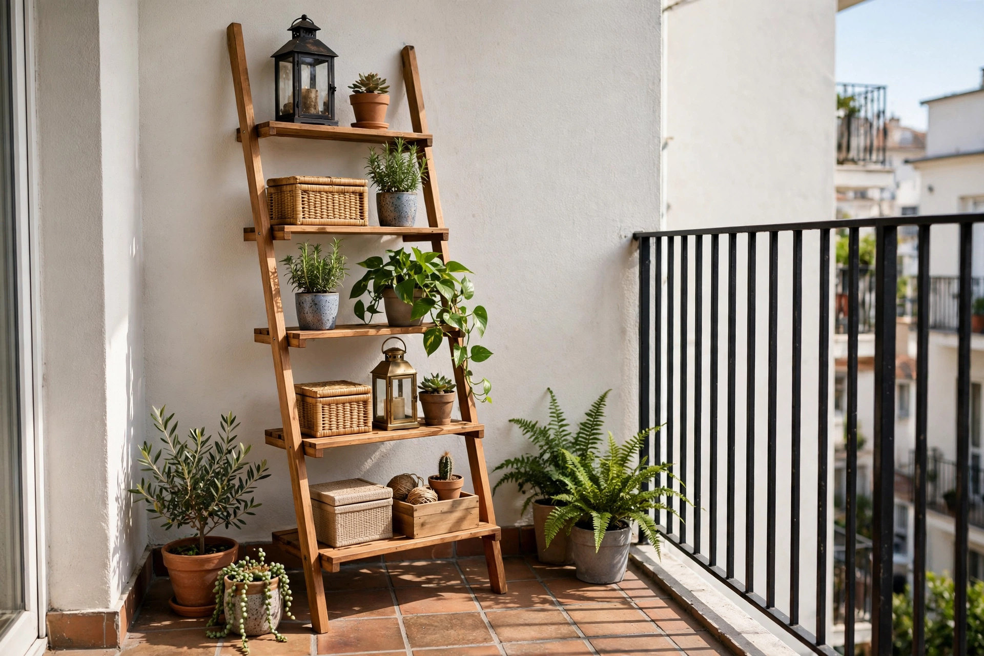 Freestanding leaning ladder shelf with plants and storage boxes on a balcony