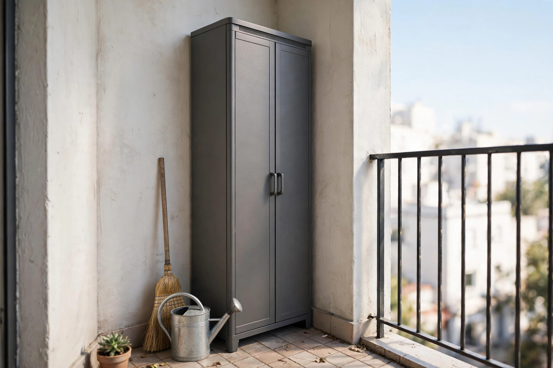 Tall slim weatherproof storage cabinet in a balcony corner