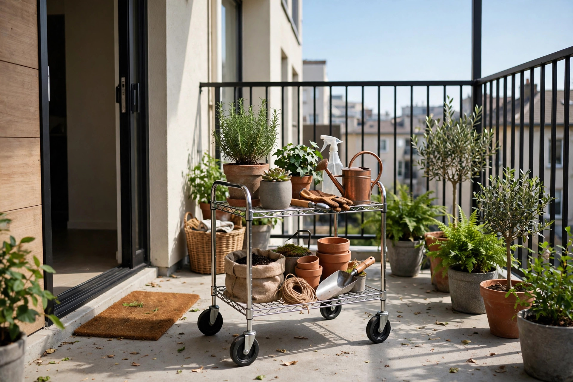Small rolling cart with plants that wheels indoors during storms