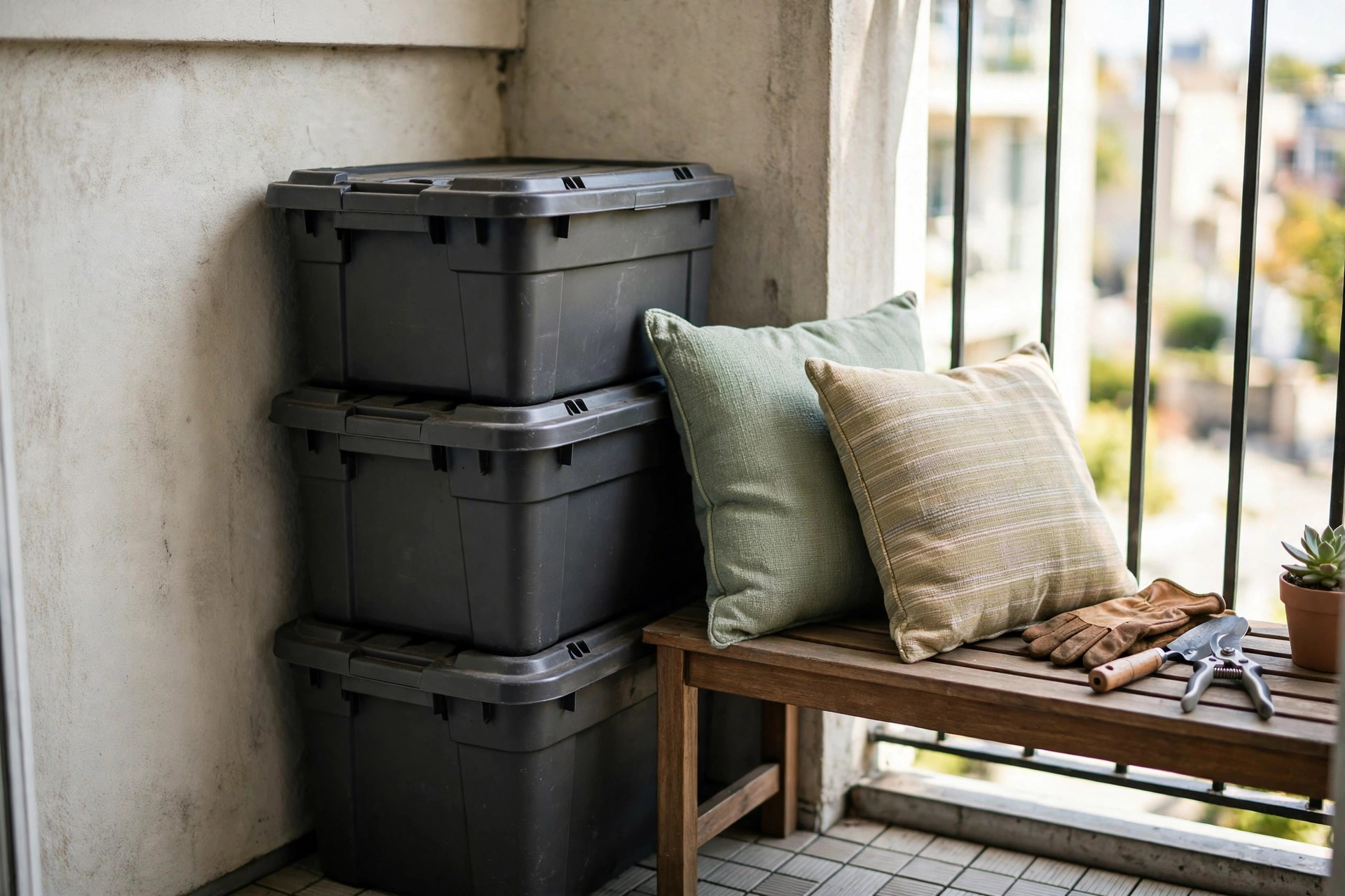 Stackable lidded weatherproof bins tucked in a balcony corner