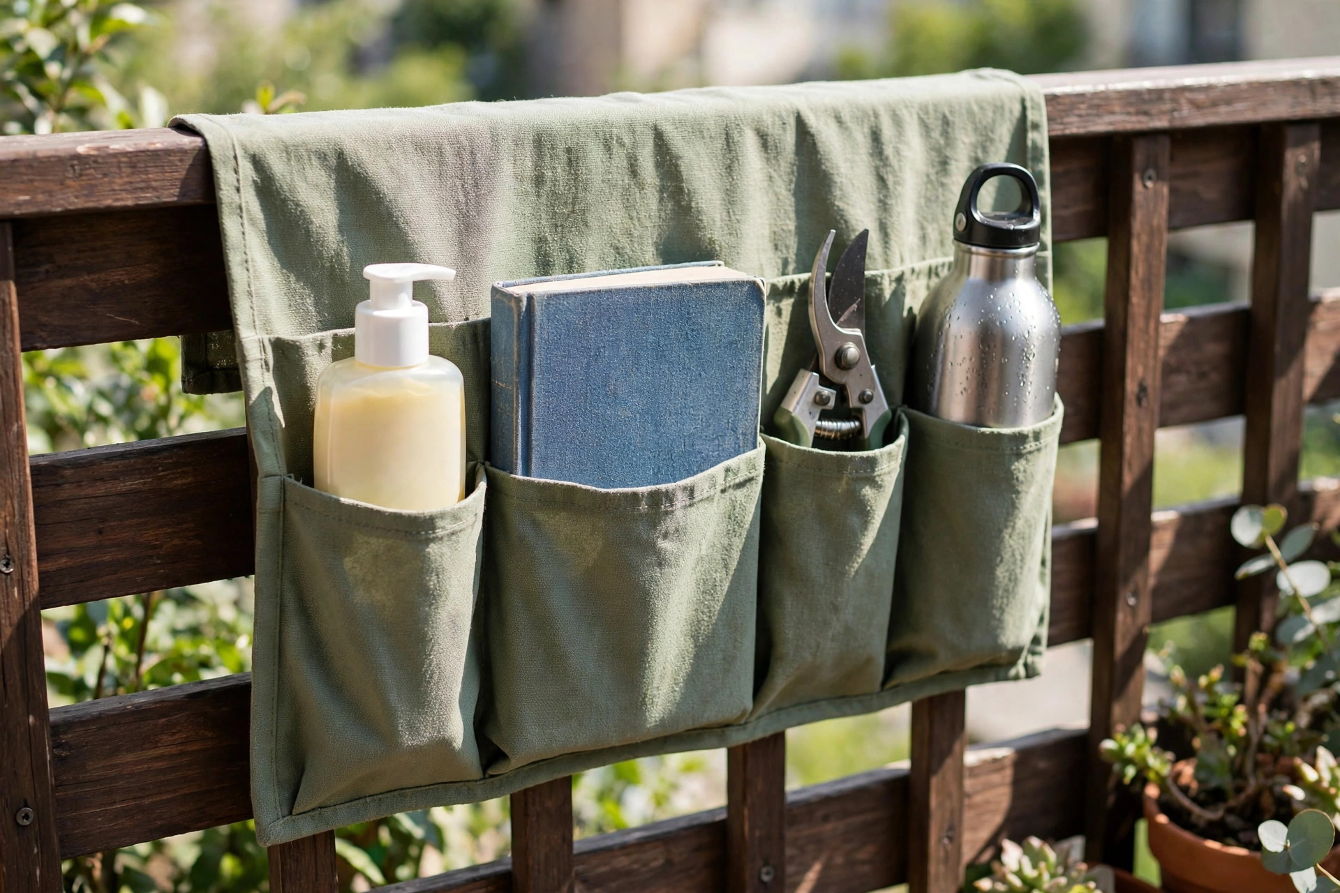 Fabric over-the-rail pocket organizer with sunscreen, book and garden tools